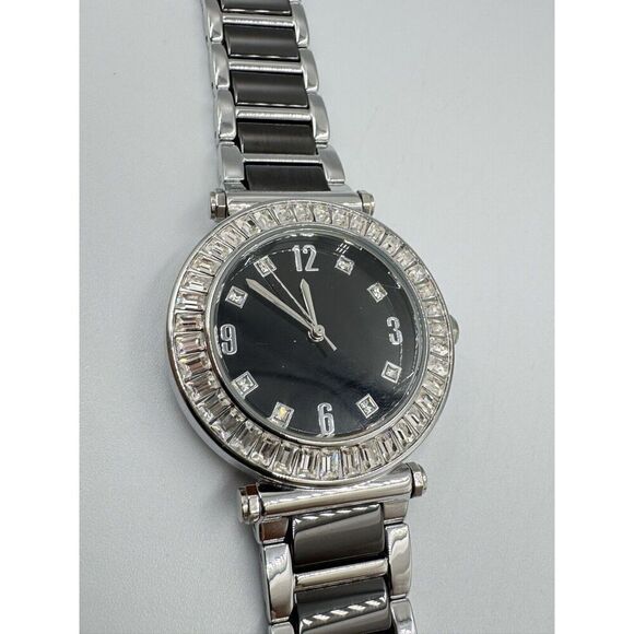 Diamonique Baguette CZ Bezel Black Stainless Steel Statement Watch NEW BATTERY‎